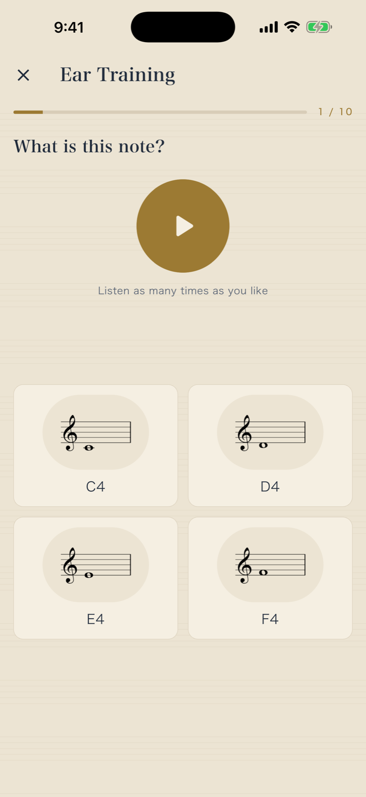 An ear training question: listen to a note and choose it on the staff