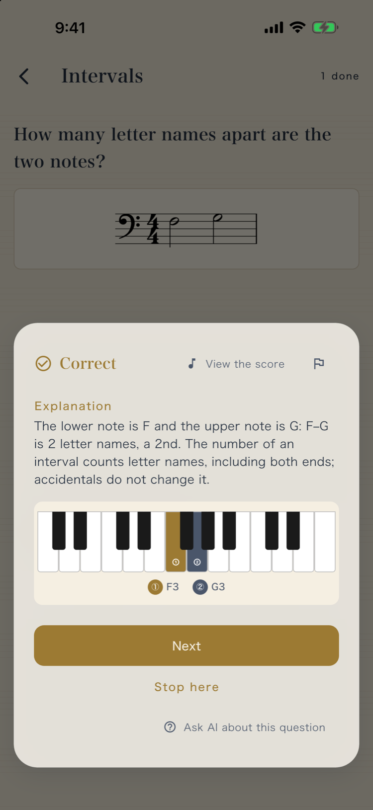 The explanation after a correct answer, with both notes marked on a keyboard